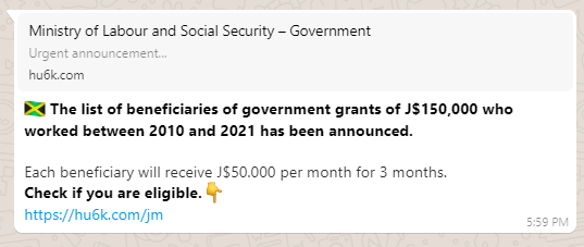 fake Jamaica Ministry of Labour and Social Security Grant WhatsApp message