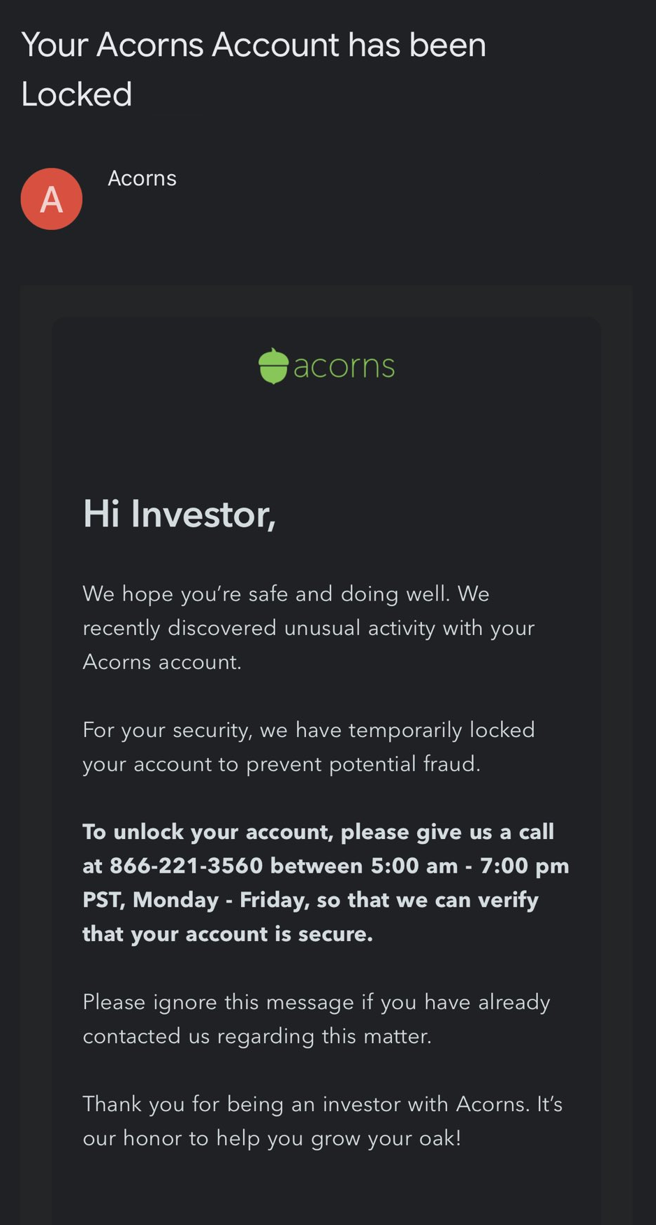 acorns account locked - Call 8662213560