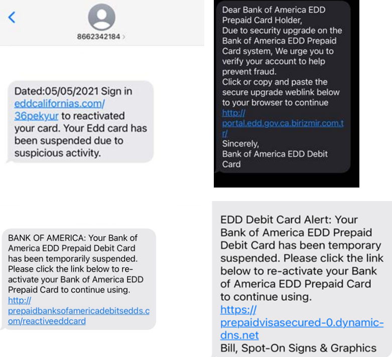 EDD BofA Alert Text Scams