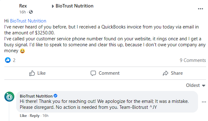 biotrust invoice scam, biotrust scam email,biotrust nutrition scam