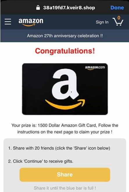 Amazon 27th Anniversary Scam Celebration 1500 Dollar Gift Card