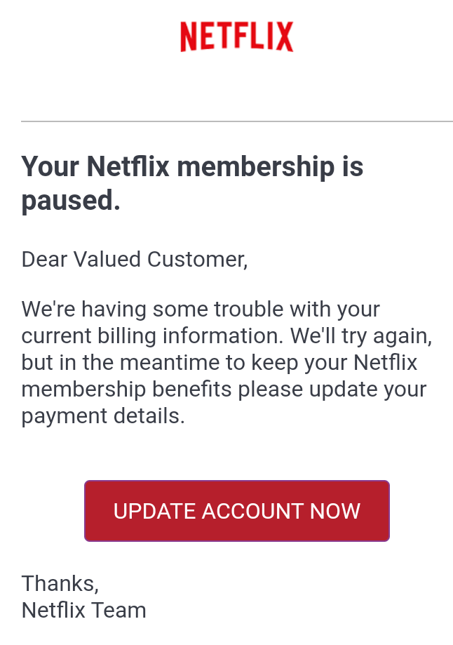 Netflix Scam Email - Membership is Paused - Billing Information