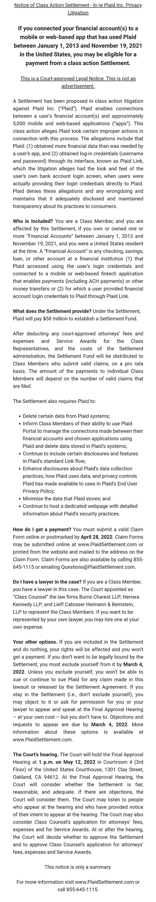 Plaid Settlement Email