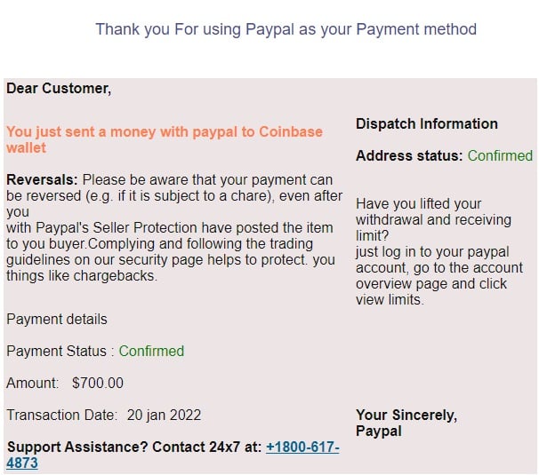 PayPal Bitcoin Email Order Confirmation scam