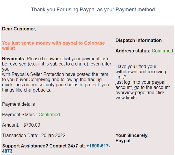 PayPal Bitcoin Email Order Confirmation scam PDF