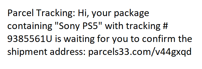 Parcel tracking scam text to parcels33.com