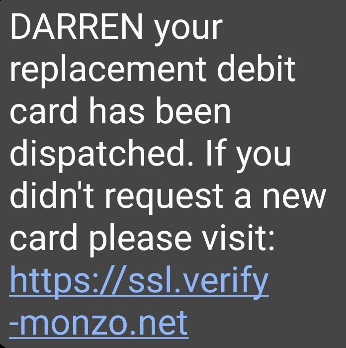 The Monzo Card Scam Text Card Replacement