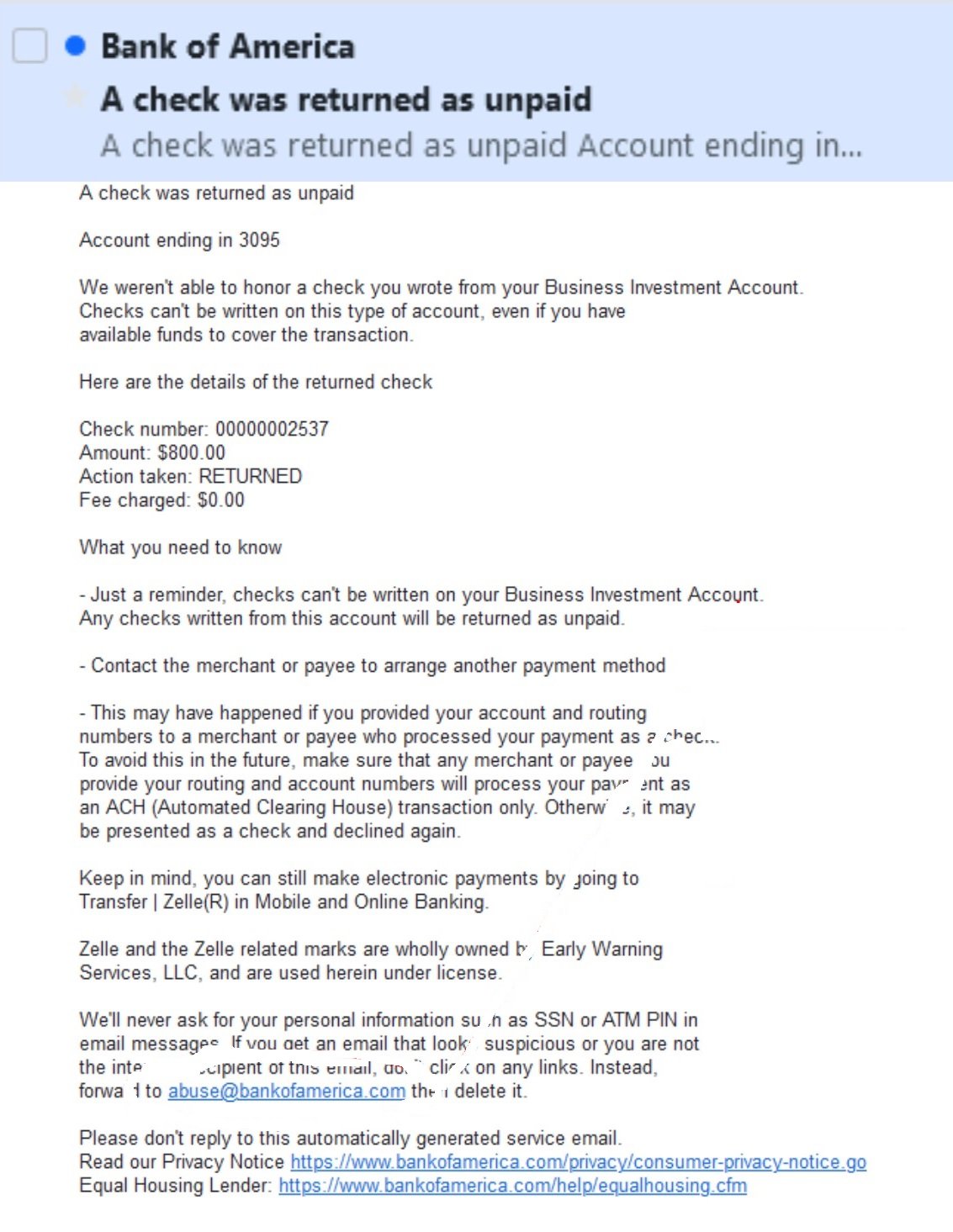 Bank Of America Scam Emails - Check Was Returned as Unpaid