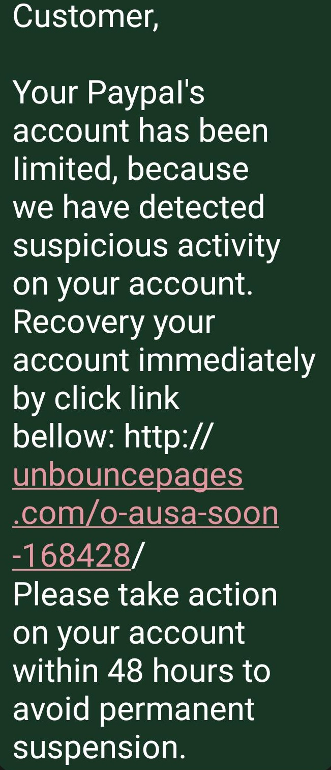 The Unbounce Pages PayPal Scam Text Message