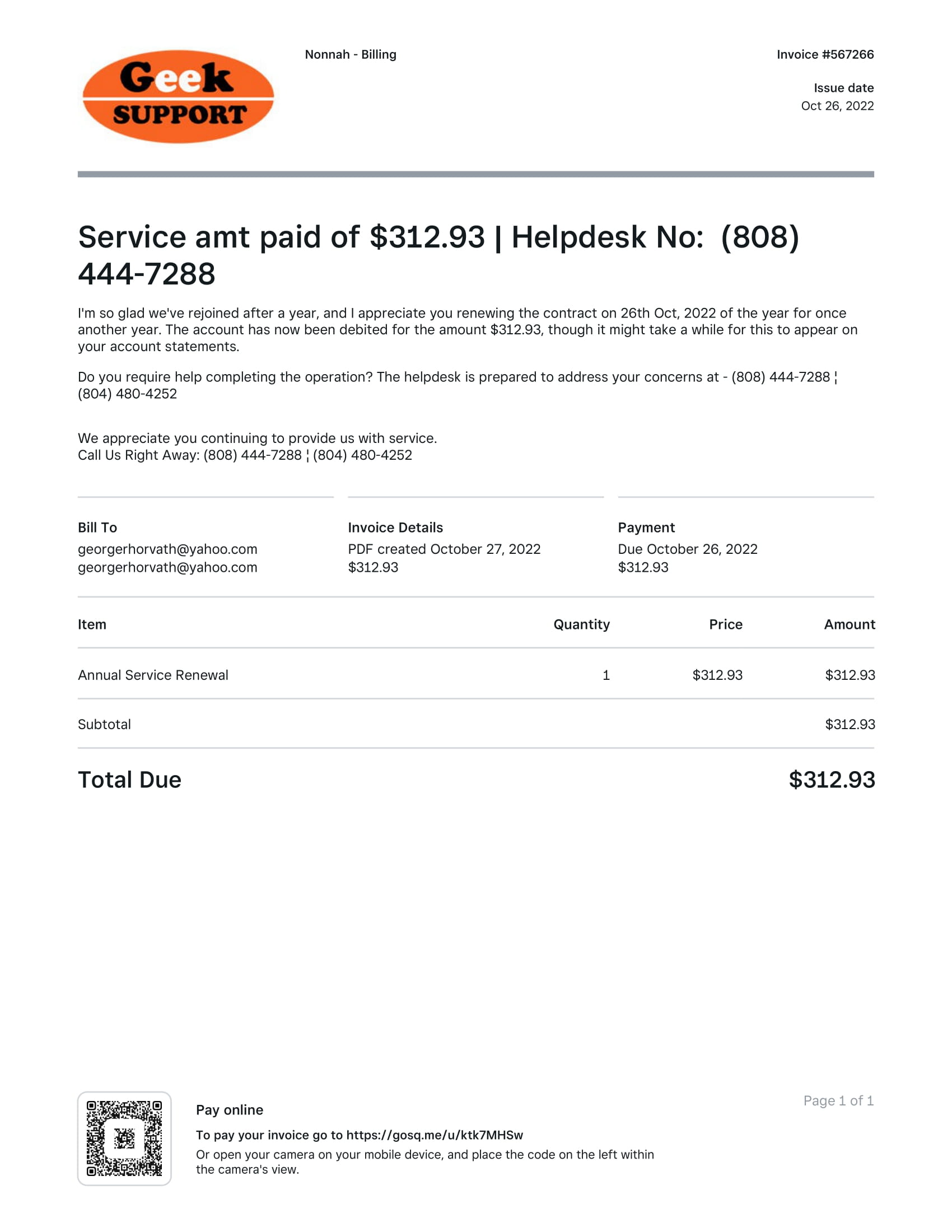 Geek Support Scam Nonnah Billing Renewal Invoice