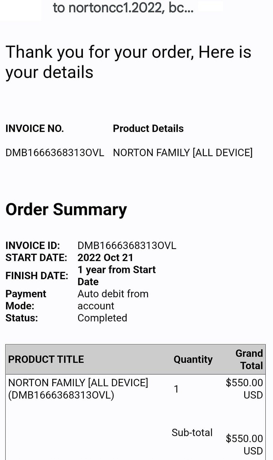 The Norton Family All Device Scam Email Invoice