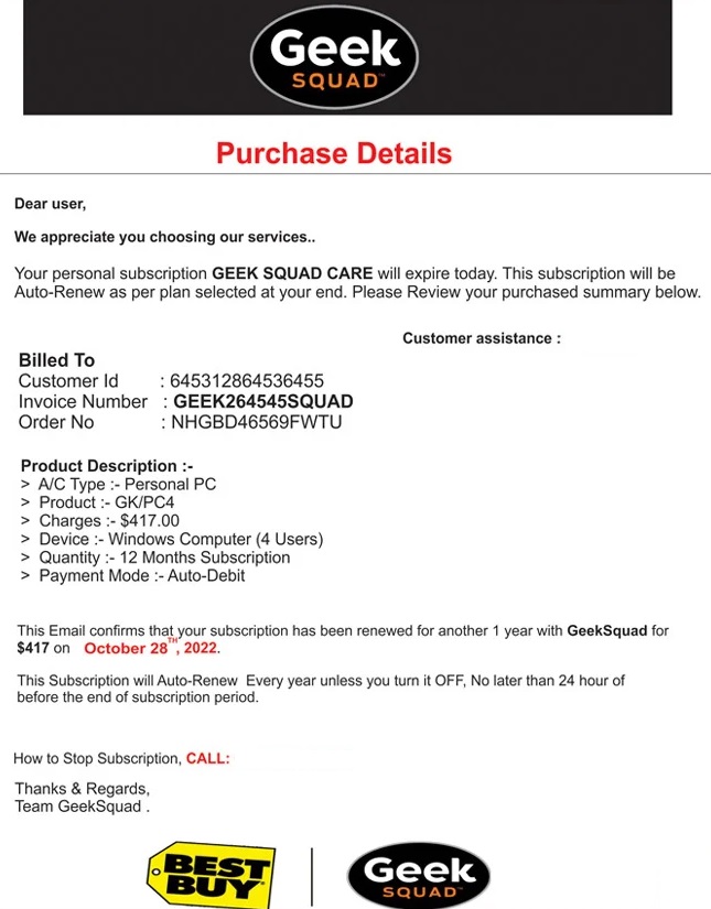Invoice From Geek Squad Scam Email Renewal