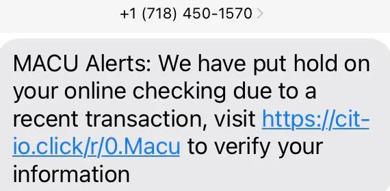 MACU Scam Text Alert - Hold on Online Checking Account