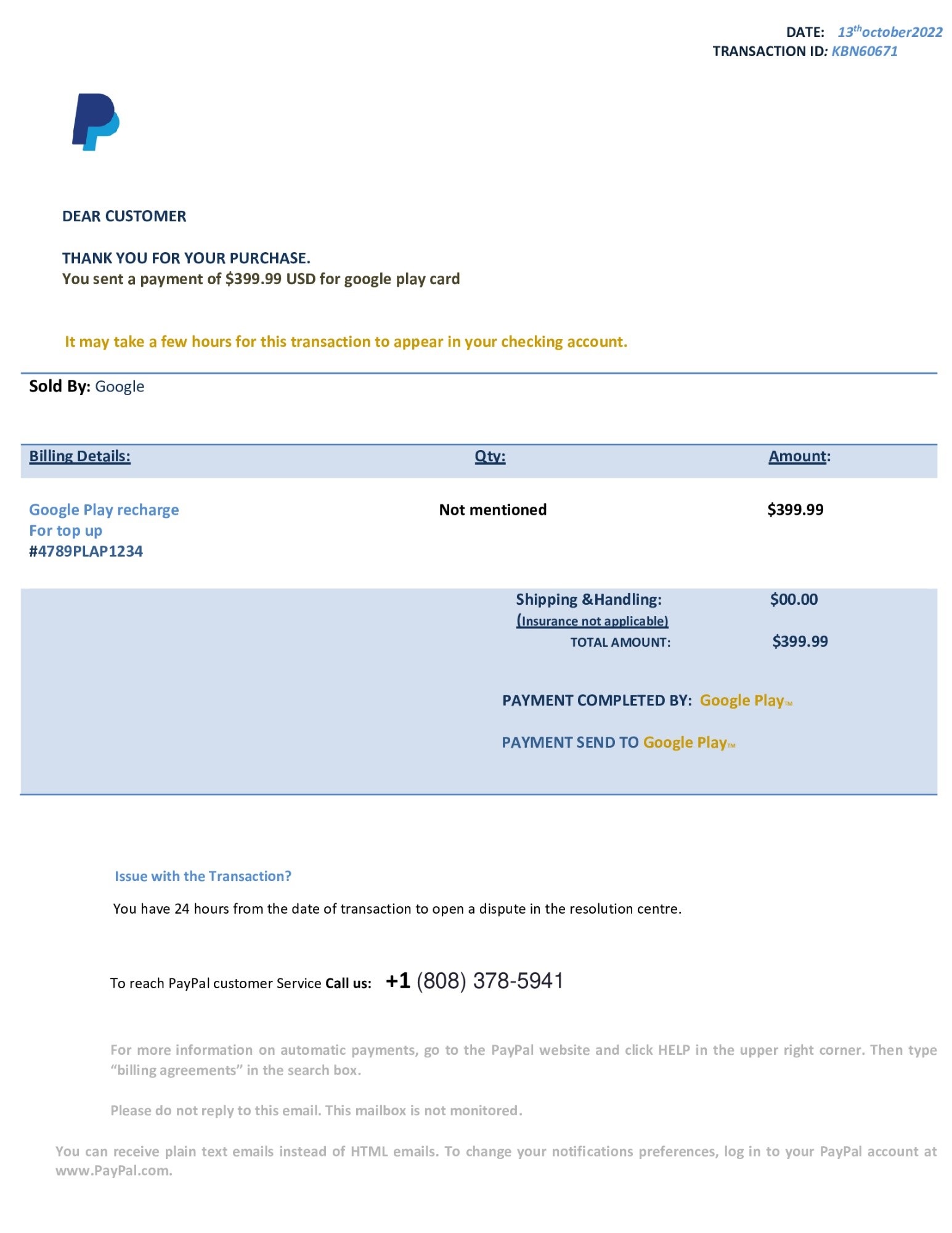 PayPal Customer Service Scam Email Invoice
