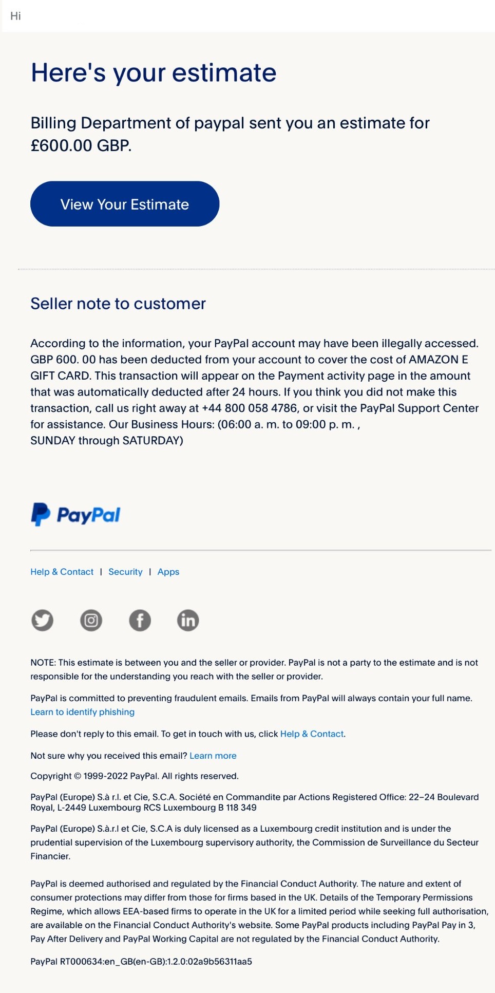 PayPal Estimate Scam from Billing Department Invoice Email