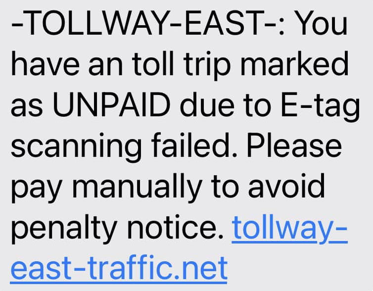 The Toll Way East Scam Text