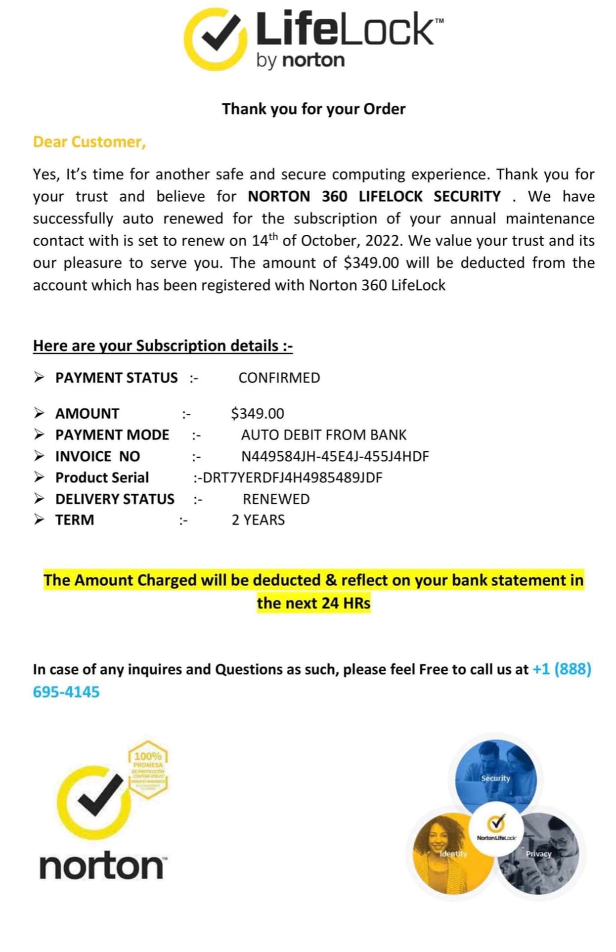 Norton Life Lock Scam Email