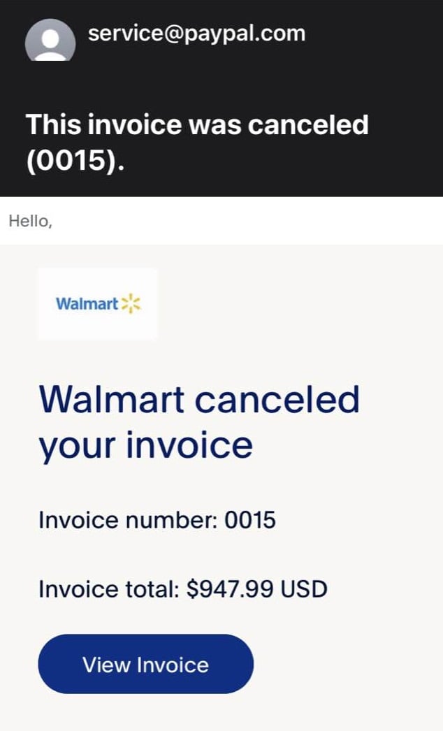 PayPal Invoice Scam - Walmart and Canceled