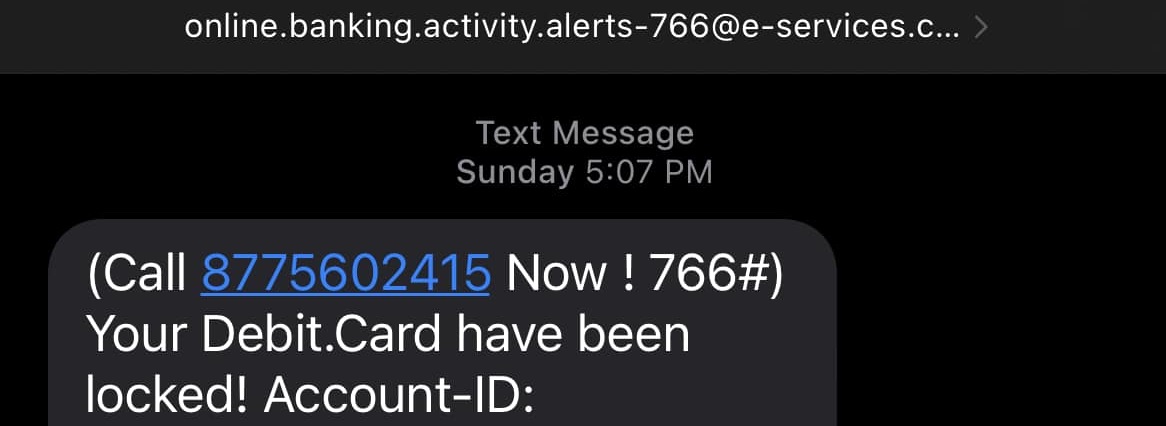 Debit Card Locked Scam Text - 8775602415