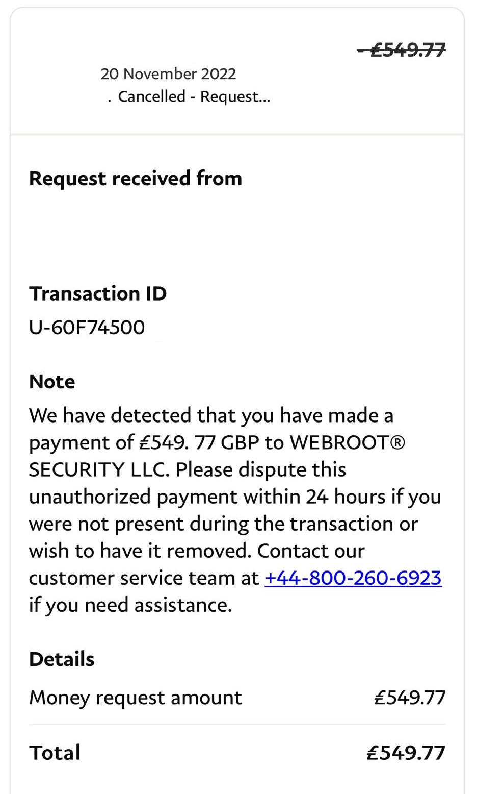  Webroot Security LLC PayPal Scam