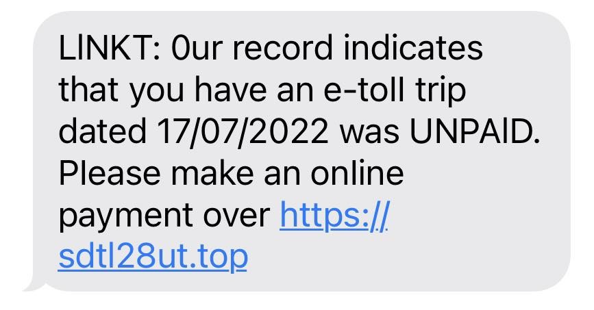 Linkt Scam Text Message - unpaid charges