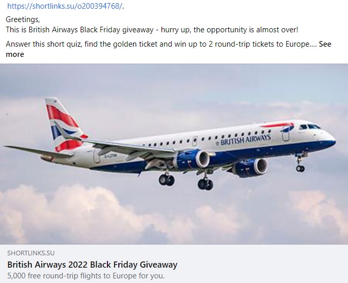 British Airways Black Friday Shortlinks.su Scam Giveaway