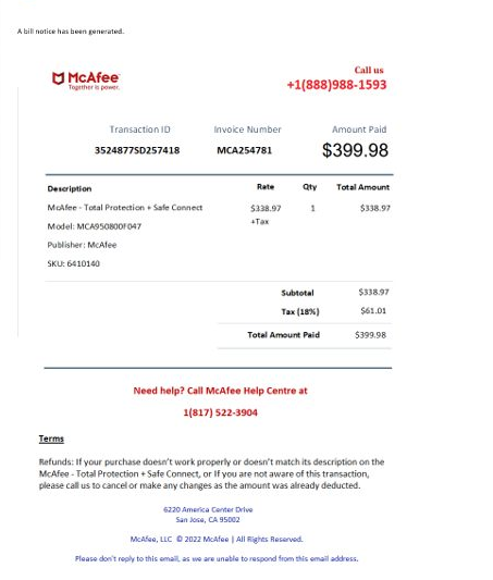 McAfee Scam Email Invoice Call Back at 1-888-988-1593