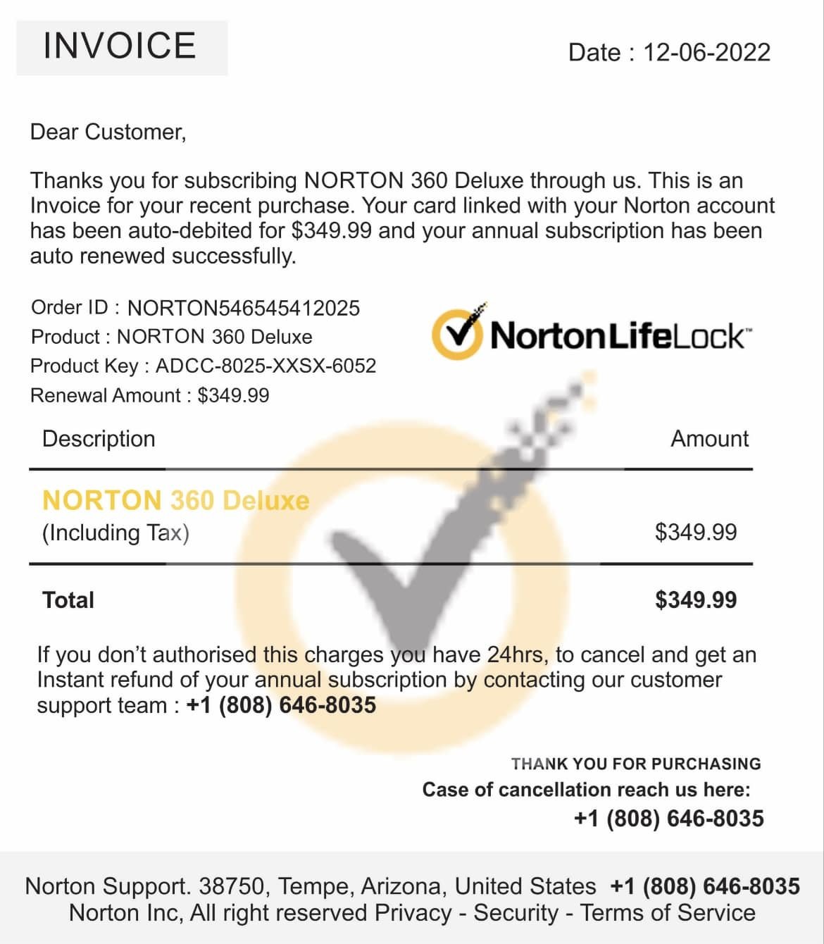 Norton 360 Deluxe Scam Email Subscription Invoice
