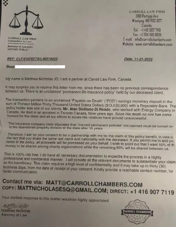 The Carroll Law Firm Canada Scam Letter