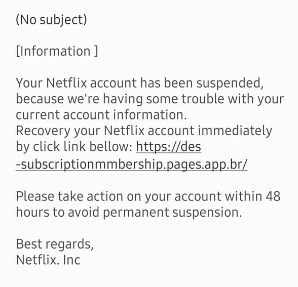 Your Netflix Account Has Been Suspended Scam Message