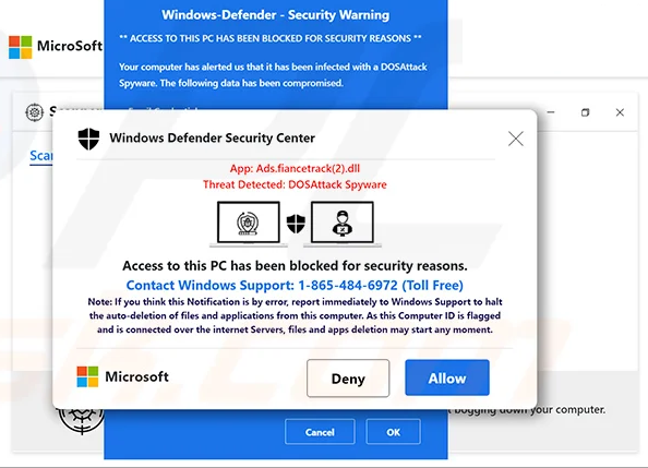 Windows Defender Security Center Scam Popup Message
