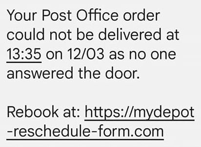Post Office Text Message Scam at mydepot-reschedule-form .com