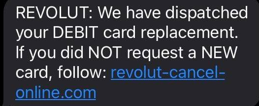 Revolut Scam Text Message - Credit Card replacement