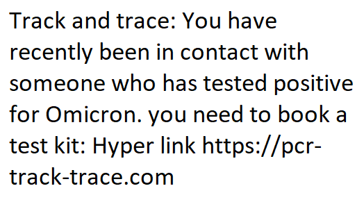 Track And Trace Text Scam Text - Close Contact with Someone