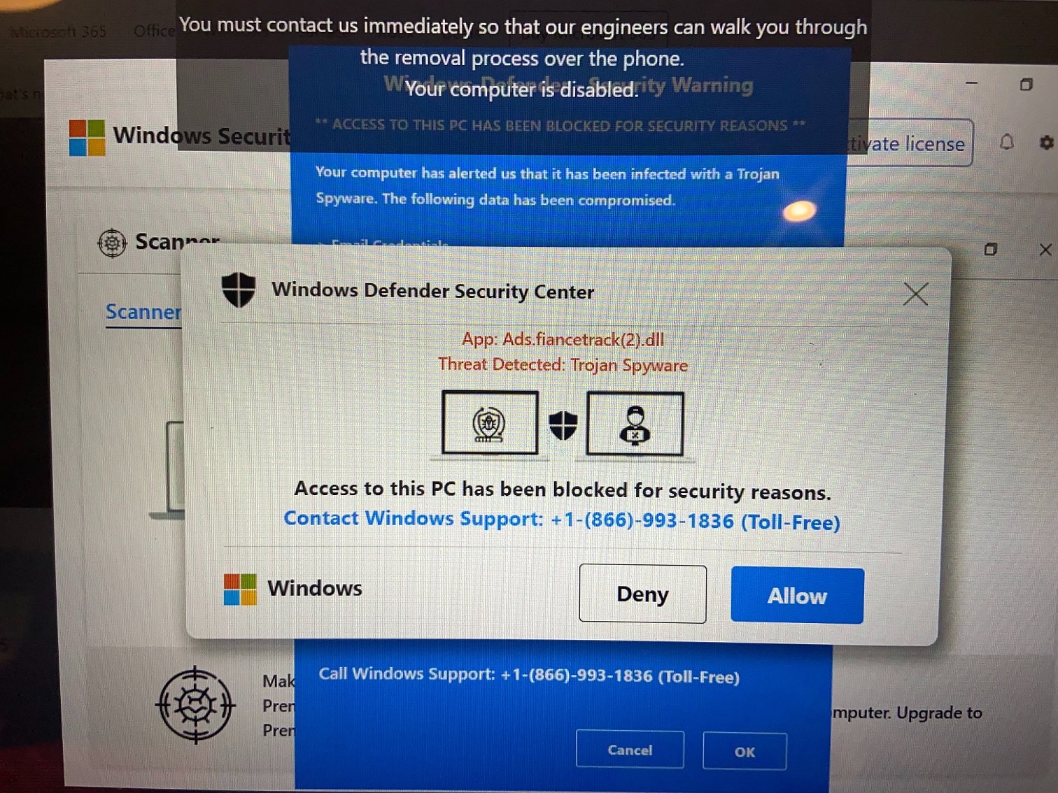 Windows Defender Security Center Trojan Spyware Alert Scam