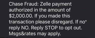 Chase Bank Zelle Fraudulent Text Message