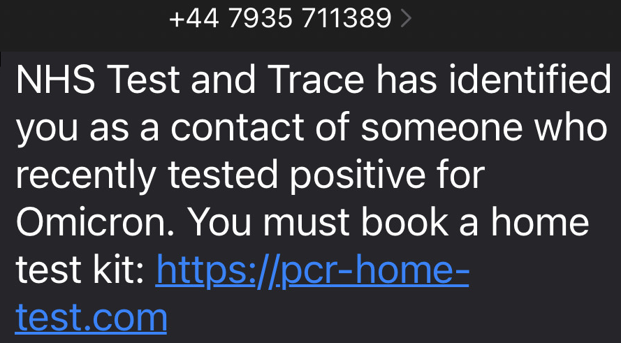 NHS Test and Trace Scam Text - PCR Home Test