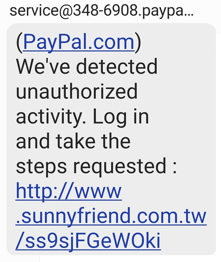 Sunnyfriend com Scam and Fraudulent PayPal Text Message
