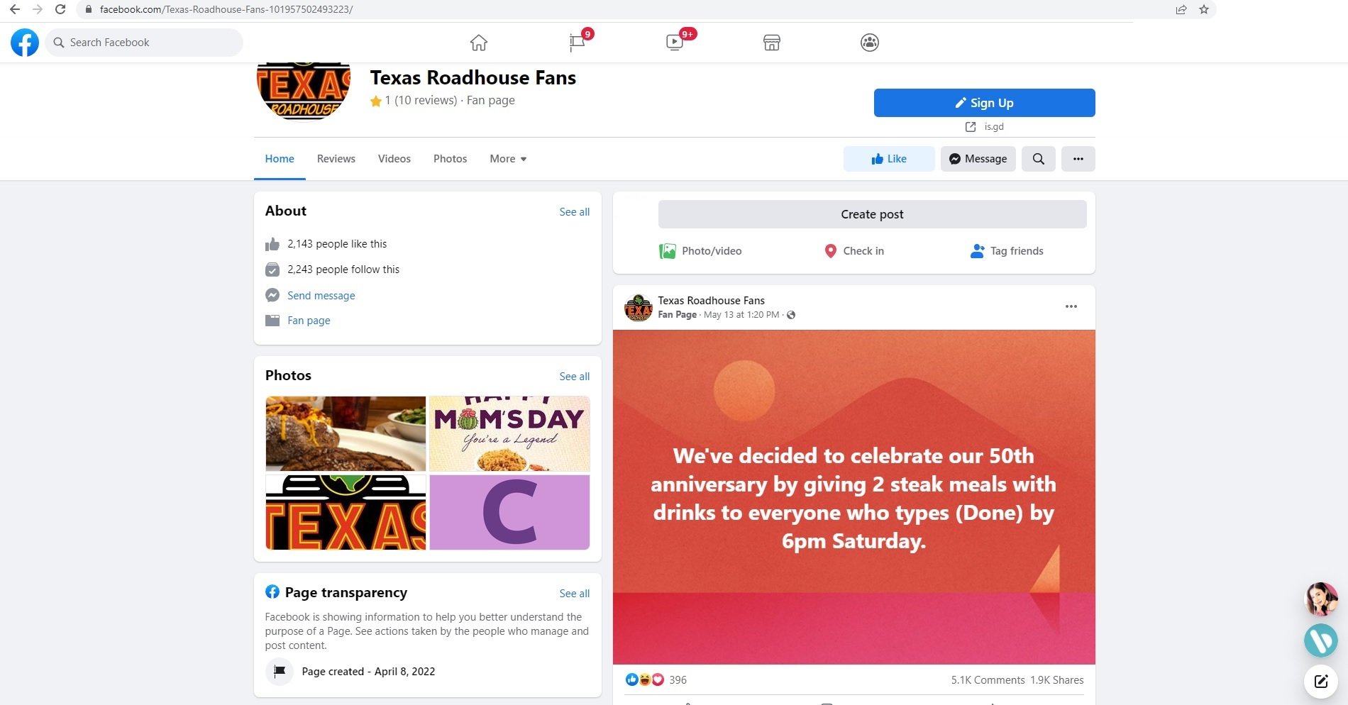 Texas Roadhouse Fans Facebook Scam Page