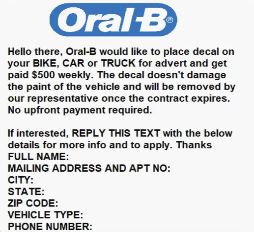 Oral B Decal Scam Text