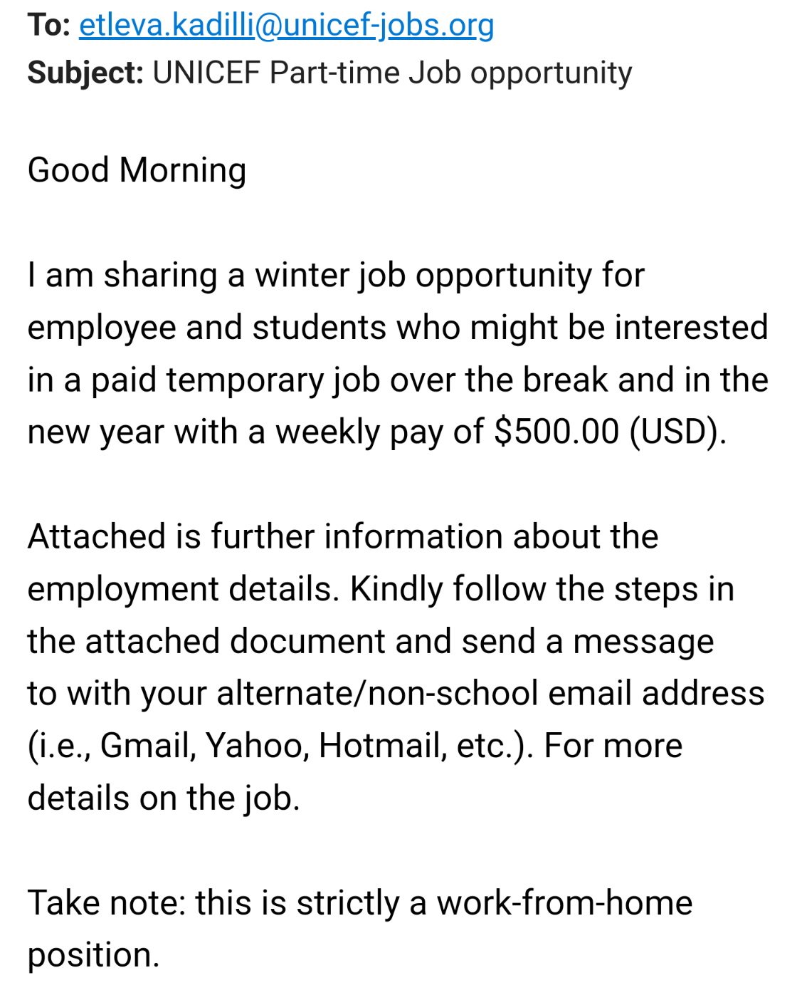  Unicef Part Time Position Scam Email
