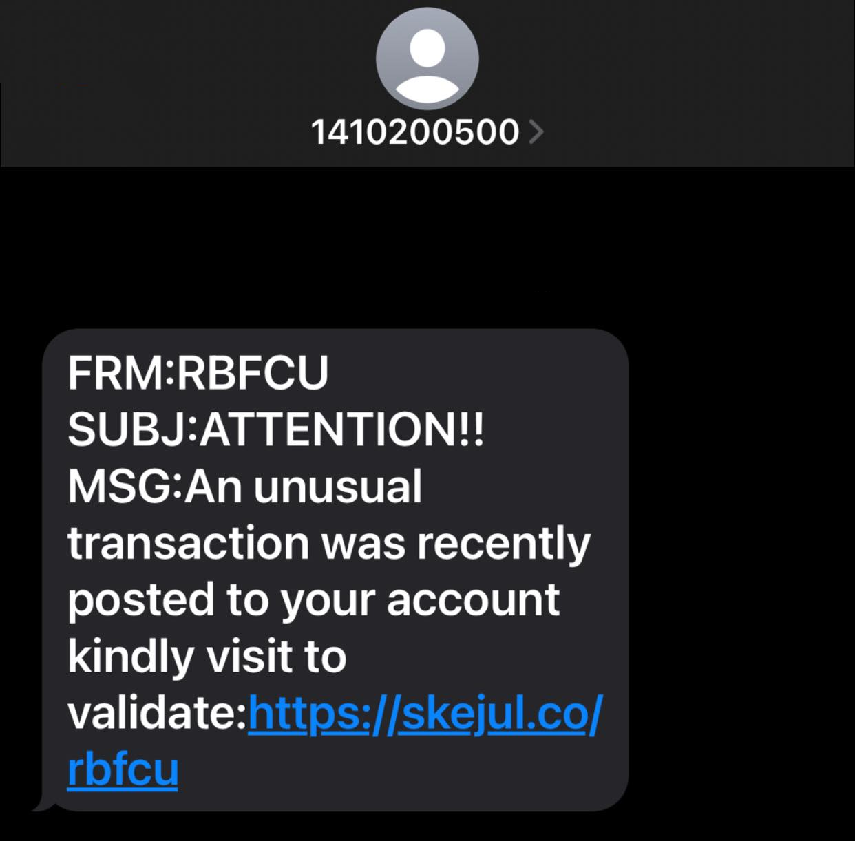 RBFCU Text Scam Message