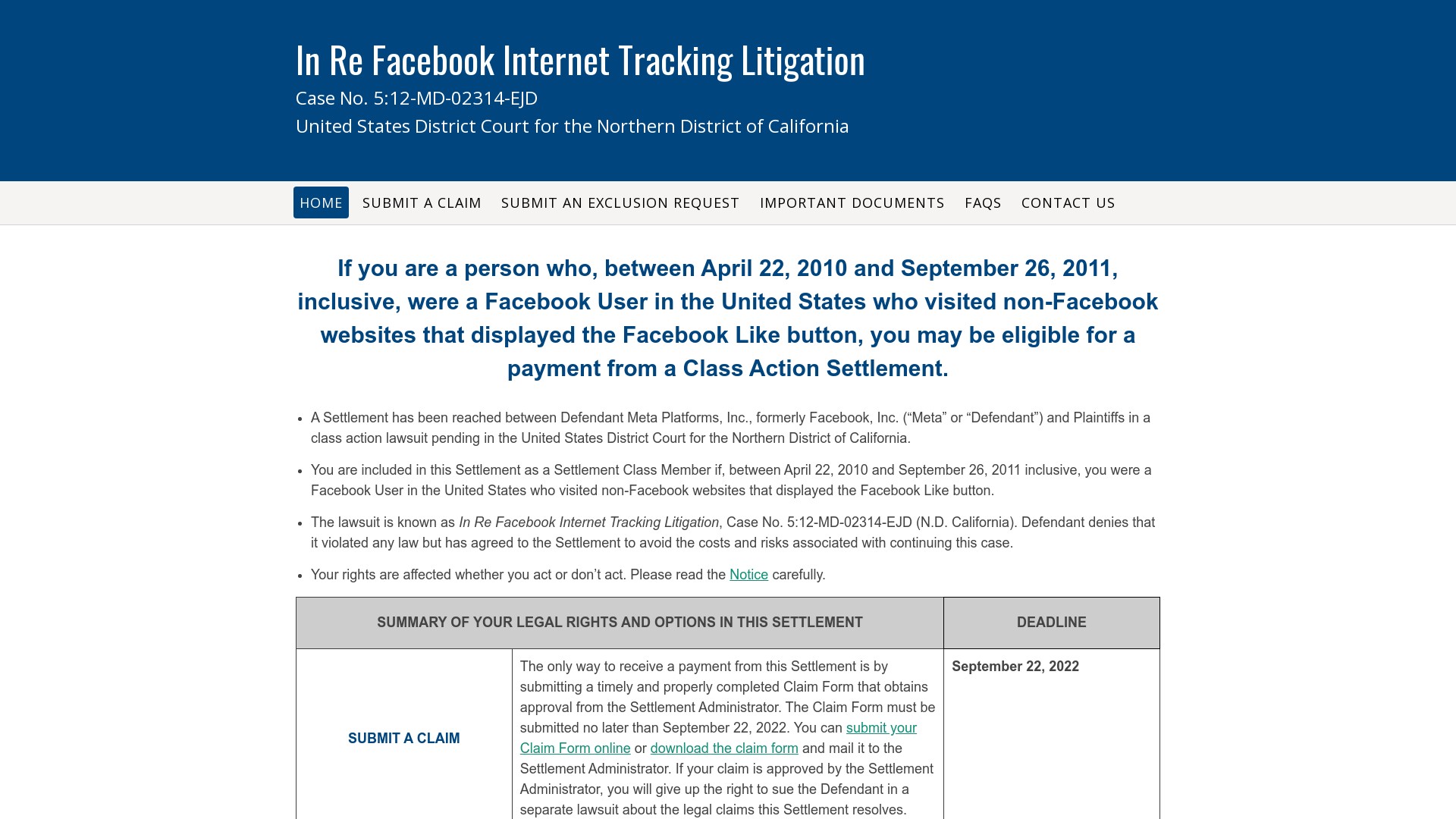 Facebook Internet Tracking Litigation Website - fbinternettrackingsettlement.com