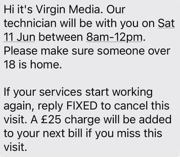 The Virgin Media Scam Text - Technician Visit and £25 Charge