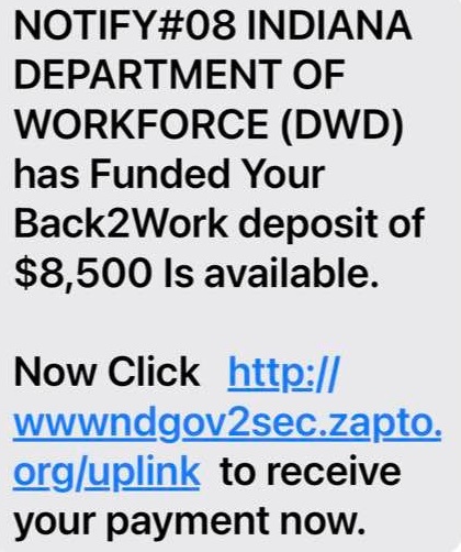 in.uplink.gov Indiana Department Of Workforce Scam Text