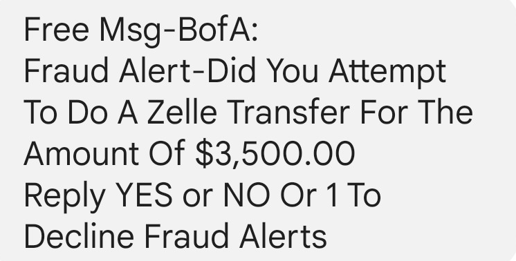 A Bank of America Zelle Scam Text