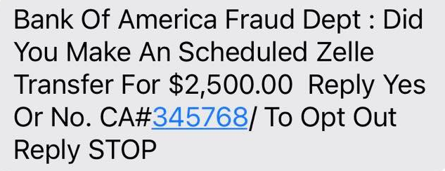 Bank of America Text Scam - Fraud Dept Zelle Transfer