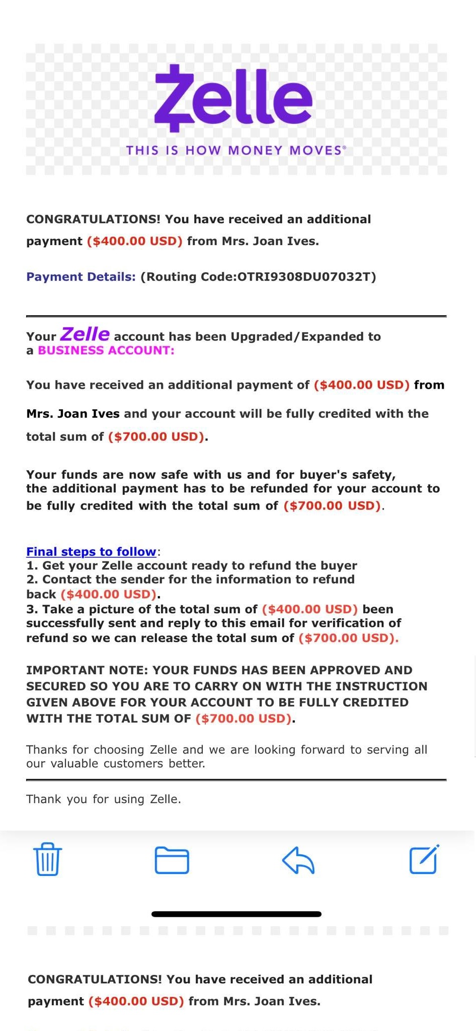 Zelle Email Upgrade Scam