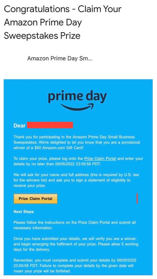 Amazon Prime Day Small Business Sweepstakes Scam Email