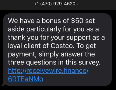 costco text scam - costco survey scam